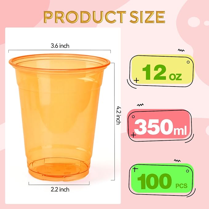 50 Pack Orange Clear Plastic Cups 12 oz Disposable Drinking Cups for Fall Wedding Orange Birthday Party Supplies