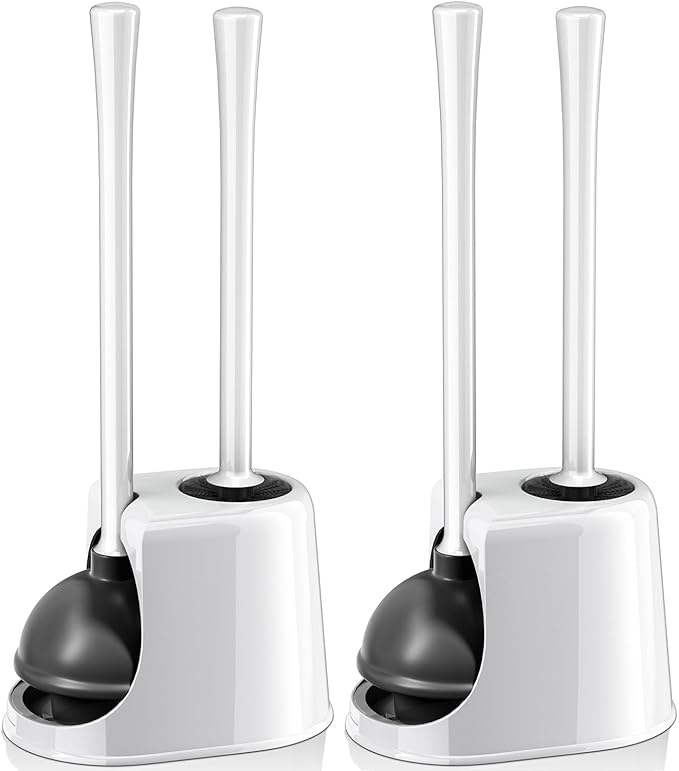 Toilet Plunger and Brush with Holder, Toilet Brush and Plunger Set for 5.3-inch Toilet Drain, 2-in-1 Bathroom Cleaning Combo with Caddy Stand(2 Pack, White)
