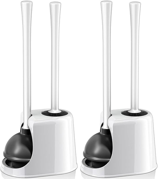 Toilet Plunger and Brush with Holder, Toilet Brush and Plunger Set for 5.3-inch Toilet Drain, 2-in-1 Bathroom Cleaning Combo with Caddy Stand(2 Pack, White)