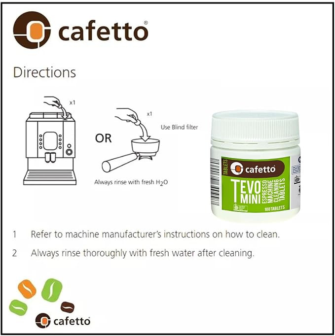 Cafetto Tevo Tablets Mini 1.5g 100 Tablets for manual and semi automatic espresso machines. Compatible with Breville, Sage, Gaggia, Rancilio, Rocket, ECM, Profitec, Lelit.