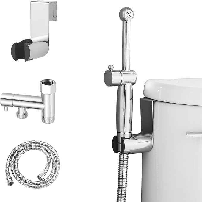 Chrome Handheld Bidet Sprayer for Toilet with Bidet Hose Brass Cloth Diaper Sprayer Bathroom Toilet Attachment for Feminine Wash, Wall Mount or Toilet Mount