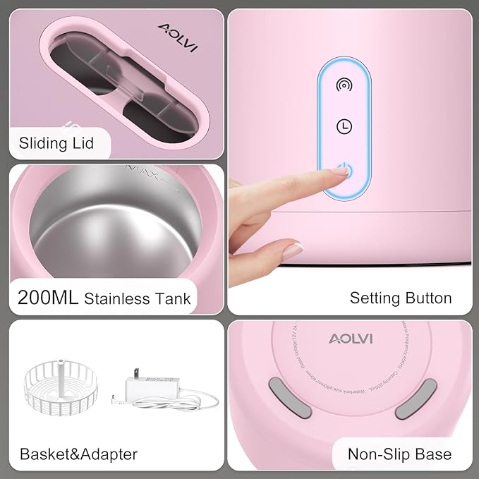 Ultrasonic Retainer Cleaner Machine, IPX6 Waterproof Denture Cleaner, 3 Modes Dental Cleaning Pod with RGB Indicator, 45kHz UV for Mouth Guards, 200ML Tank, Pink