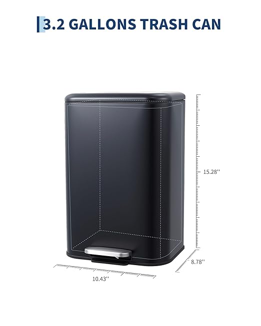 3.2 gal/12L Stainless Steel Kitchen Trash Can, Step-on Recycling Bin with Soft Close Lid, Removable Inner Bucket, Rectangular Wastebasket for Office Living Room, Black