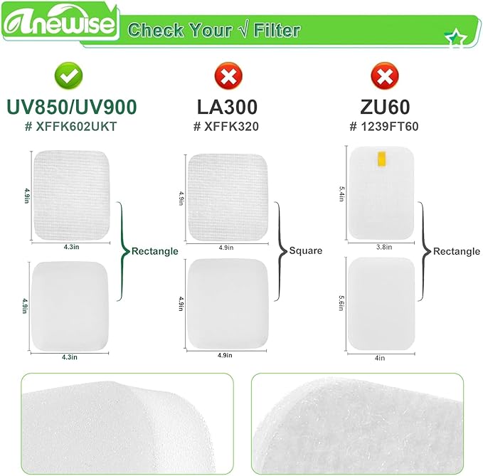 Anewise 4 Pack UV850 UV900 Filter Replacement for Shark Performance Lift-Away UV900 UV850 UV950 DuoClean PowerFins Detect LA490 LA491 LA492 Upright Vacuum, Part XFFK602UKT Foam & Felt filters