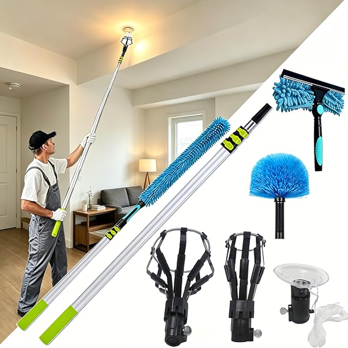 20FT Light Bulb Changer for high Ceilings with 5-12FT Telescoping Pole,Ceiling Fan Cleaner Duster with Extension Pole,Light Bulb Changer and Cobweb,Window Cleaning Kit for Home House Roof