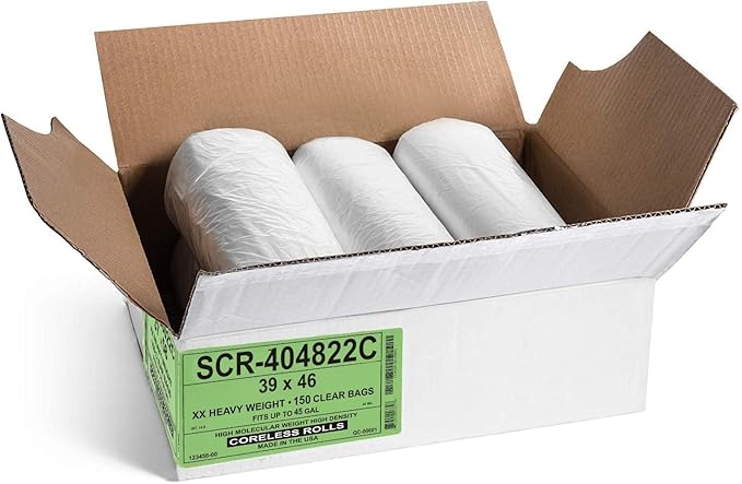 Aluf Plastics 45 Gallon 22 Micron (eq) Premium Clear Trash Bags - 39" x 46" For Office, Kitchen, Bathroom, Commercial, Janitorial, Industrial, & Hospitality (Pack of 600)