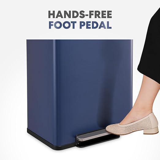 Simpli-Magic Infinity Edge 60 Liter / 16 Gallon Rectangular Hands-Free Extra Large Kitchen Step Trash Can, Soft-Close Single Lid Recycling Bin, Stainless Steel, Blue, 79683