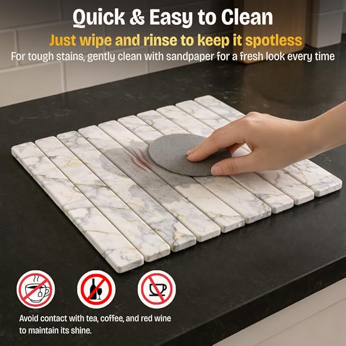 Large Stone Dish Drying Mat for Kitchen Counter, Foldable 24"×16" Diatomaceous Earth Mat, Super Absorbent Marble Stone Drying Pad for Dishes, Cups, Bottles (White Marble)