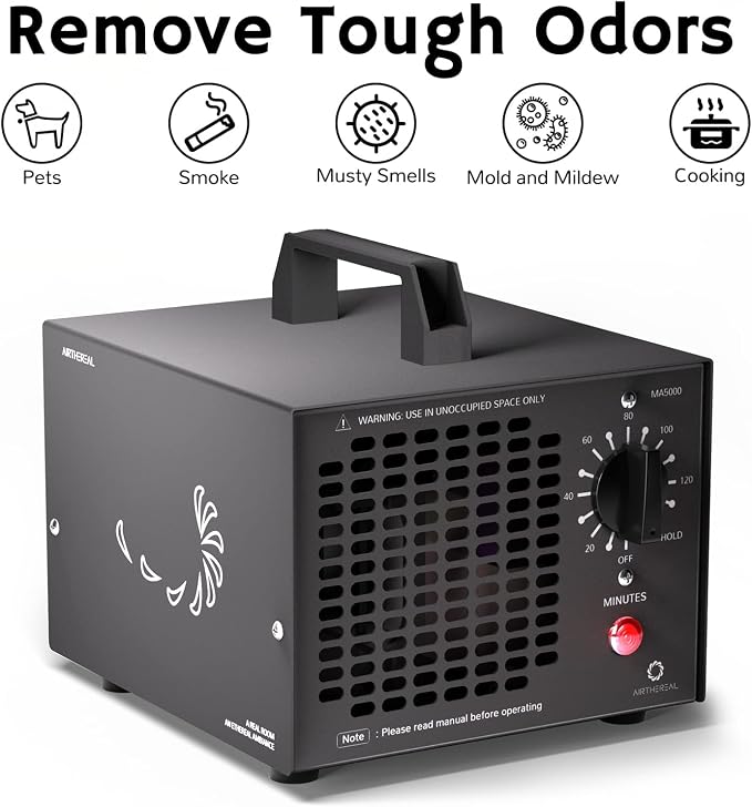 Airthereal MA5000 Commercial Ozone Generator, High Capacity Ozone Machine Odor Removal - Home Air Ionizers O3 Deodorizer for Rooms, Smoke, Cars and Pets, Eliminate Odors up to 2000sq.ft., Black
