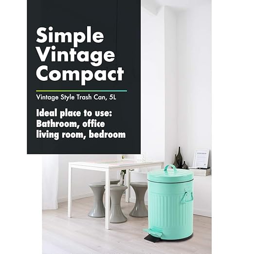 Bathroom Trash Can with Lid, Small Waste Basket for Home Bedroom, Retro Step Garbage Can with Soft Close, Vintage Office Trash Can, 5 Liter/ 1.3 Gallon, Glossy Mint Green