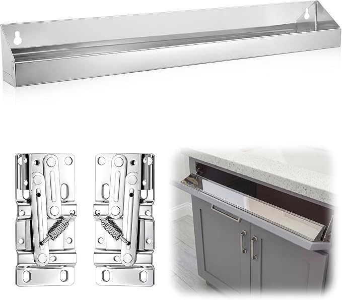 1 Set 31 Inch Metal Sink Drawer Tip Out Tray Kit Include Tip-Out Sink Trays and Hinges Large Pull Out Storage Organizer for Kitchen Bathroom Base Cabinets(Silver)