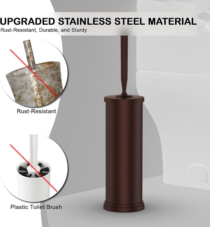 Stainless Steel Toilet Brush and Holder Set : Weighted Stable Base, Removable Inner Tube.Long Handle Toilet Bowl Brush Splash-Proof Design for Deep Cleaning & Space-Saving Storage,Bronze