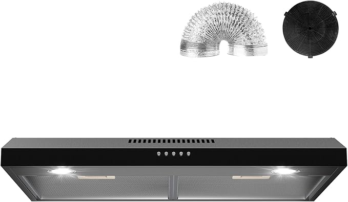 Rang Hood 30 inch Under Cabinet, Ductless Slim Kitchen Range Hood Vent with Filter, LED Lights, 3 Speed Exhaust Fan, Campanas para Cocina (JX3875- Black)