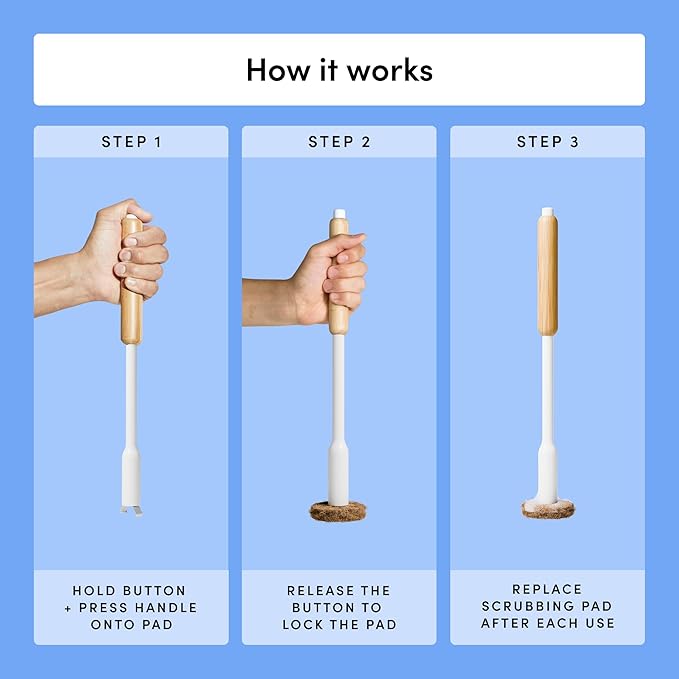 TUSHY Toilet Brush 2.0 Set | with Cleanser-Infused Pads and Holder | Disposable Planet Friendly Refills | Includes 8 Lemon and Tea Tree Coconut Husk Scrubbing Pads