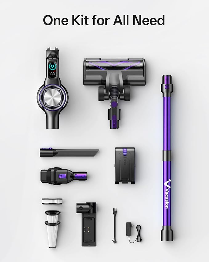 Cordless Vacuum Cleaner, 8-in-1 Cordless Stick Vacuum Cleaner with 3 Suction Modes, Up to 45mins Runtime, Rechargeable, Self-Standing, Vacuum Cleaners for Home Pet Hair Carpet Car Hard Floor, Purple