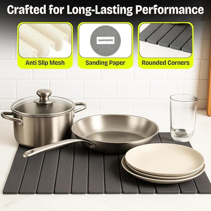 Stone Dish Drying Mat for Kitchen Counter, Large Quick Dry Diatomaceous Earth Stone Drying Mat, Foldable Water Absorbent Dish Drying Mat for Dishes, Cups, Bottles, Kitchen Sink & Countertop (Grey )