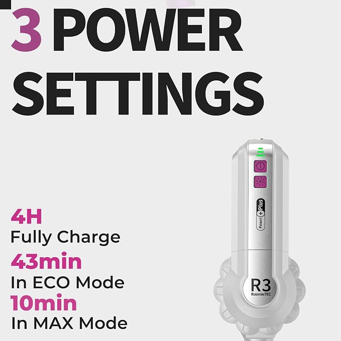 ROOMIE TEC R3 Cordless Stick Vacuum Cleaner, Fadeless Suction Power for Floor and Carpet, Up to 43 Min Powerful Battery, Bagless, Large Capacity, Extra Wide Roller, LED Headlights, and HEPA Filtration