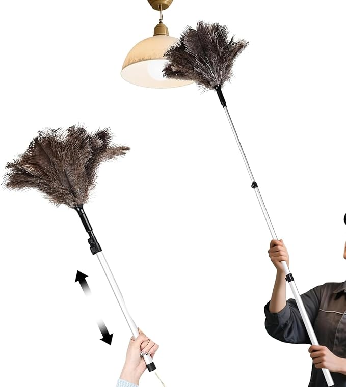 Extendable Ostrich Feather Duster up to 25-49 inches Fluffy Feathers Long Handle Reusable for Cleaning Ceiling Fan Pendant lamp Feather Duster 1pcs