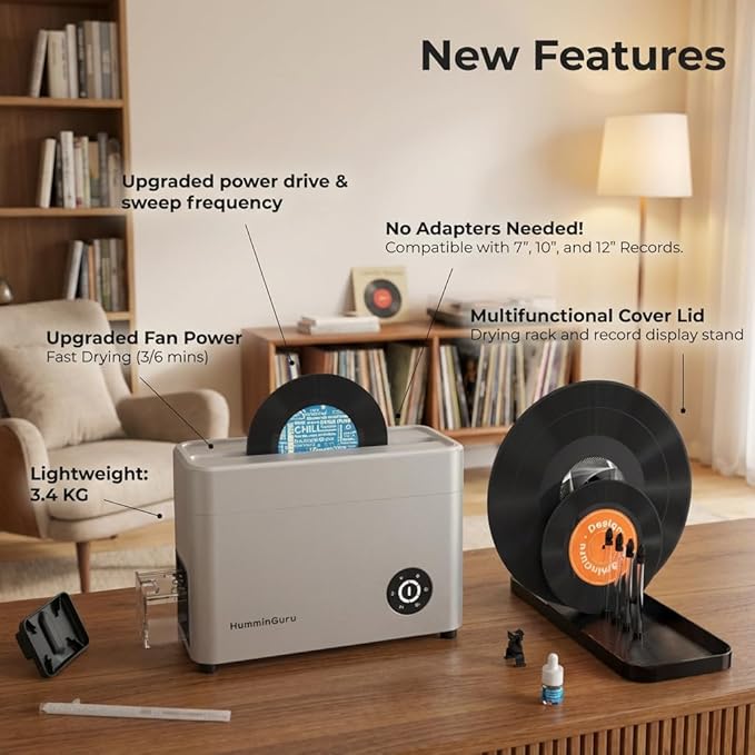 HumminGuru Ultrasonic Vinyl Record Cleaner- 40kHz Ultrasonic Vinyl Record Cleaning Machine with Auto Drying, Vinyl Cleaner Kit with Filters, 1Y Warranty (Sliver, 7/10/12 Inch)
