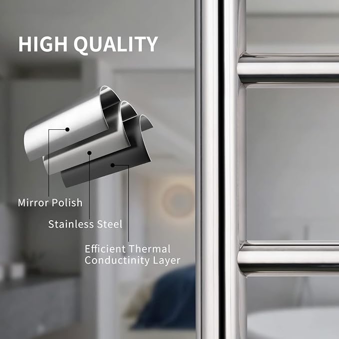 Freestanding Towel Warmer 6 Bars Plug-in Option 3 Working Modes Mirror Polished Stainless Steel 24”W 34”H