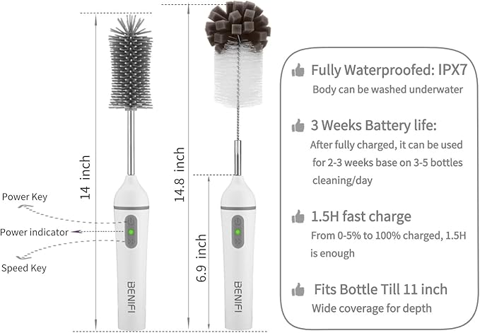 Electric Bottle Cleaner Pro, 11 in 1 Baby Bottle Brush with Drying Rack, Sponge Brush, Silicon Brush, Formula Mixer, Nipple Brush, Soap Dispenser, Microfiber Cleaning Cloth Included
