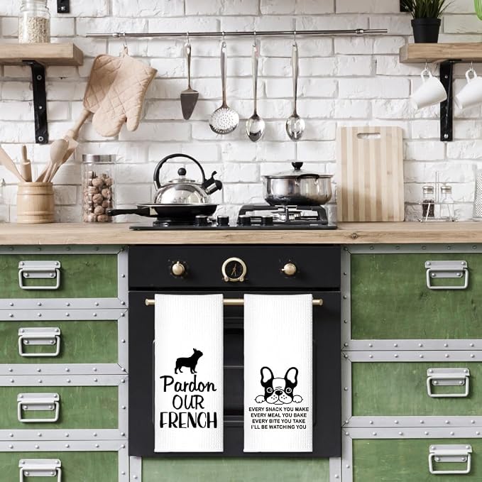 I'll be Watching You Kitchen Towels 2 Pack, Bulldog Lover Kitchen Decor, Dog Owner Gifts, Christmas Birthday Gifts for Mom Hostess Bulldog Lover Friend, Funny Dish Towels with Sayings