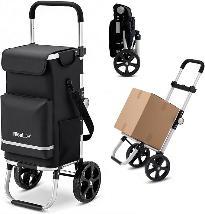 Foldable Shopping Cart with Wheels - Portable Grocery Cart on Wheels, Lightweight & Durable Cart for Groceries with Insulated Cooler, Adjustable Handle, 110 Lbs