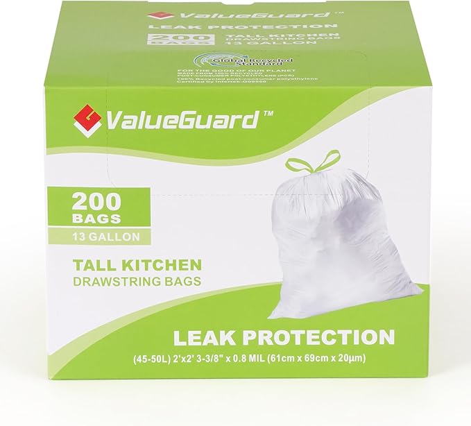 ValueGuard Large Trash Bag 13 Gallon Tall Drawstring 100% Post-Consumer Recycled Garbage Bag Waste Bag for Kitchen Office 0.8 Mil (200 Count)