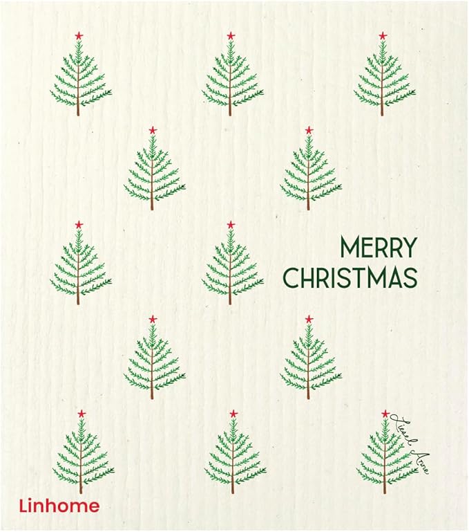 Christmas Holiday Swedish Dishcloth, Reusable Paper Towel, Super Absorbent Cellulose Sponge, Washable Kitchen Cleaning Cloth (Winter Evergreens - 1 Pack)