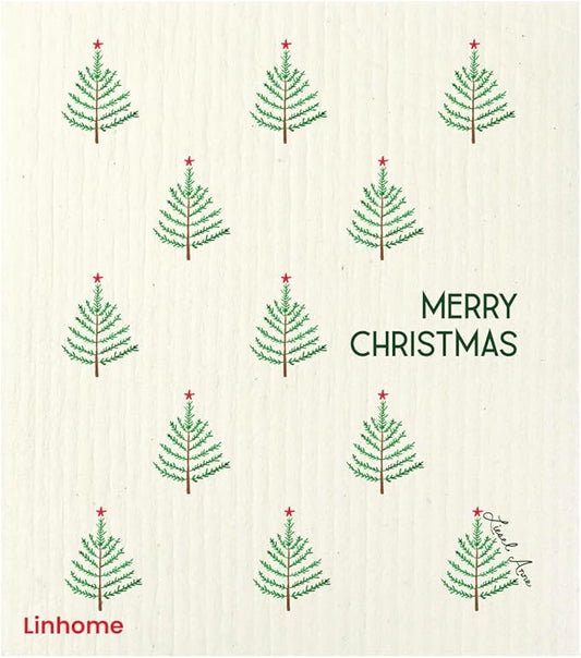 Christmas Holiday Swedish Dishcloth, Reusable Paper Towel, Super Absorbent Cellulose Sponge, Washable Kitchen Cleaning Cloth (Winter Evergreens - 1 Pack)