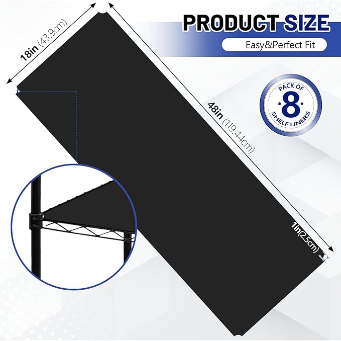 Sliner 8 Pcs 18 x 48 Inch Wire Shelf Liner Black Plastic Waterproof Liners for Organizing Metal Rack Shelves, Kitchen Cabinets, Cupboard, Pantry