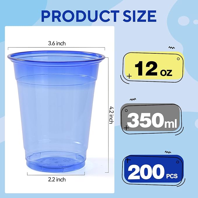 200 Pack Blue Clear Plastic Cups 12 oz Disposable Drinking Cups for Wedding Blue Birthday Party Supplies