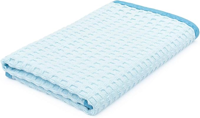 The Rag Company Dry Me A River, Professional Korean 70/30 Blend Microfiber Waffle-Weave Drying & Detailing Towels, Soft Suede Edges, 390 GSM, 16x16 Inches, Light Blue, 5-Pack