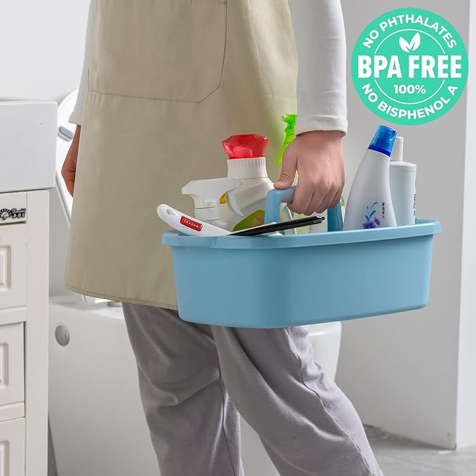 Cleaning Supplies Caddy, 2 Pack Cleaning Supply Organizer with Handle, Plastic Bucket for Cleaning Products, Tool Storage Caddy, Blue