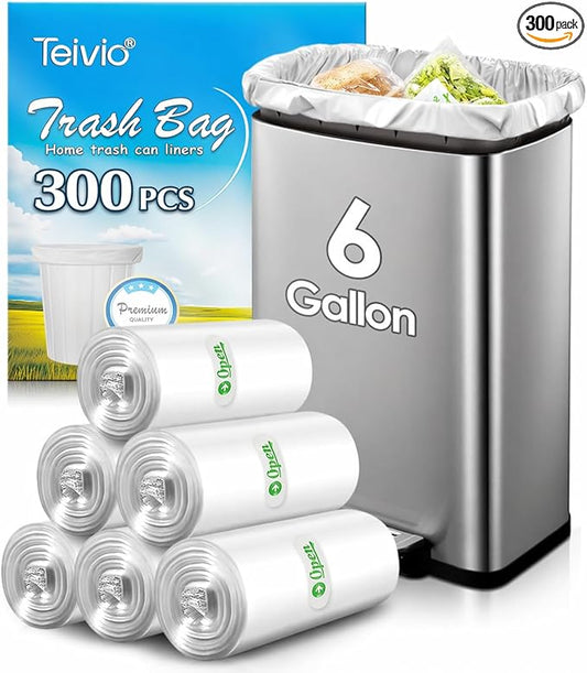 Teivio 6 Gallon 300 Counts Medium Trash Bags Garbage Bags, Bathroom Trash Can Bin Liners, Plastic Bags for office kitchen home, Clear