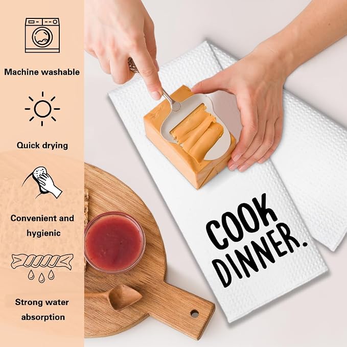 Cook Dinner Funny Kitchen Towels 2 Pack, Cute New House Gift for Hostess, Mother's Day Birthday Housewarming Gift for Mom, Auntie, Friends