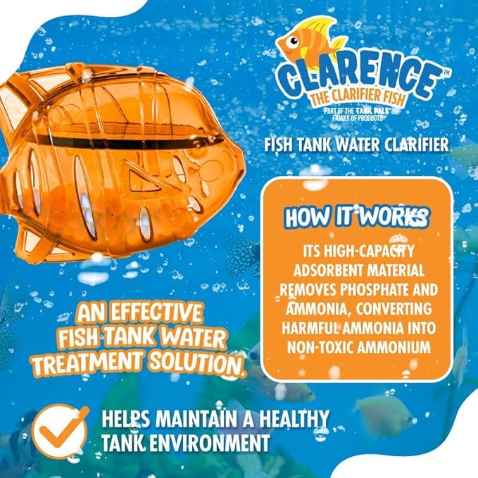 Clarence the Clarifier Fish - 1 pk, Orange - Aquarium Treatment, Clear Cloudy Fresh-Saltwater, Fish-Plant Safe, 10gal Tank Maintenance Each