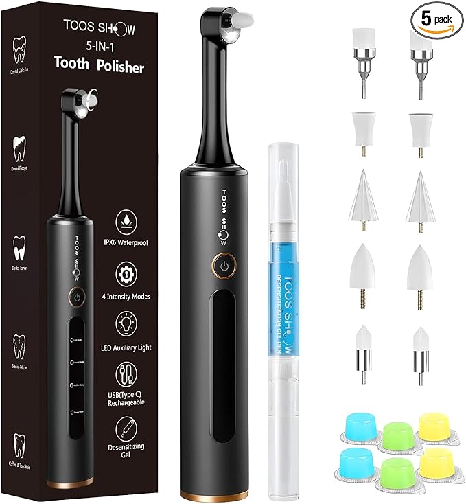 Tooth Polisher with Remineralization Gel, USB Rechargeable Teeth Whitening Kit for Cleaning and Whitening, 6 Polishing Pastes, 5 Brush Heads, LED Light, Travel Case, 4 Speeds, Easy at-Home Dental Care