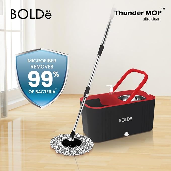 Thunder MOP Spin System - Ultra Clean - Single Bucket Microfiber Head, Stainless Steel Wringer, Antifungal Quick-Dry Cleaning, Soap Dispenser, 3 Free Refills (Forest/Lime)