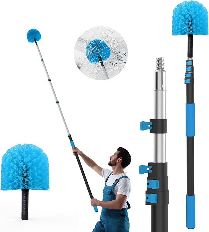15FT Reach Cobweb Duster with Extension Pole - Spider Web Brush for Cleaning with 3-12FT 4-Section Flip-Lock Telescopic Pole, Effortlessly Cleans High Indoor & Outdoor Webs