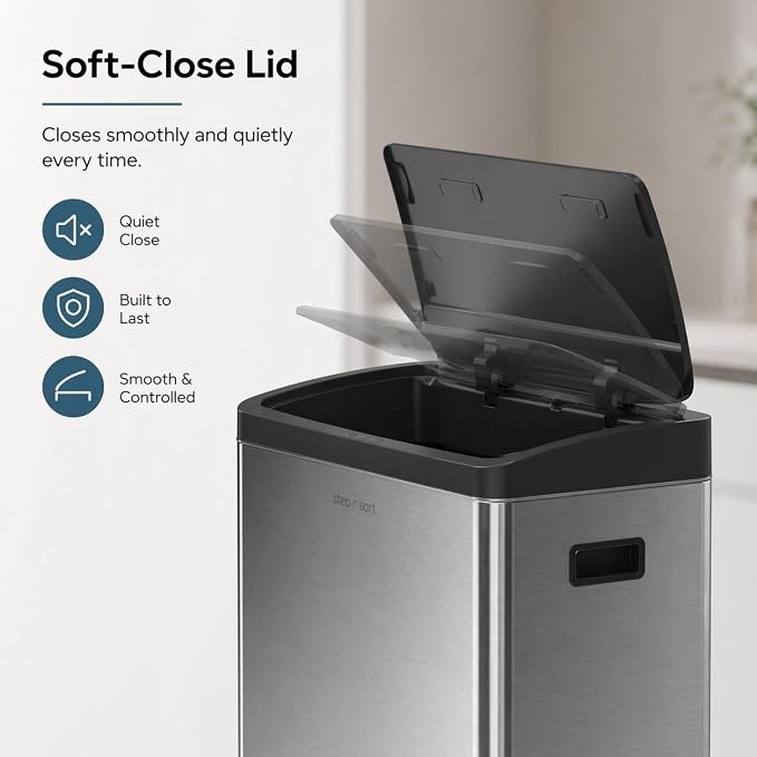 Step N' Sort Motion Sensor Trash Can (60L) – Touchless Stainless Steel Kitchen Garbage & Recycling Bin with Dual Compartments, Soft-Close Lid & Fingerprint-Proof Finish