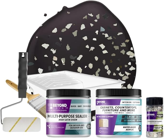 Beyond Paint Smoked Gray Flecks Countertop Makeover Kit with Paint, Sealer, Flecks, and Tools for Countertops, Licorice