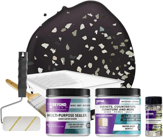 Beyond Paint Smoked Gray Flecks Countertop Makeover Kit with Paint, Sealer, Flecks, and Tools for Countertops, Licorice