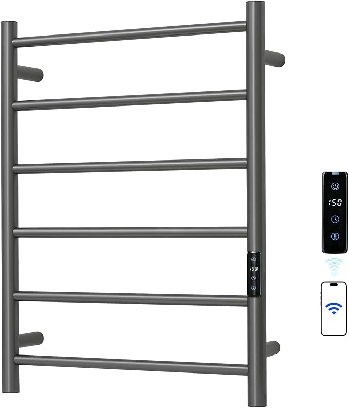 Electric Towel Rack with Voice Control for Alexa & Google Home,TUYA - Wall-Mounted Bathroom Heating Towel Warmer,Plug-in,Stainless Steel Material (Gungrey with WiFi, 6 Bar)