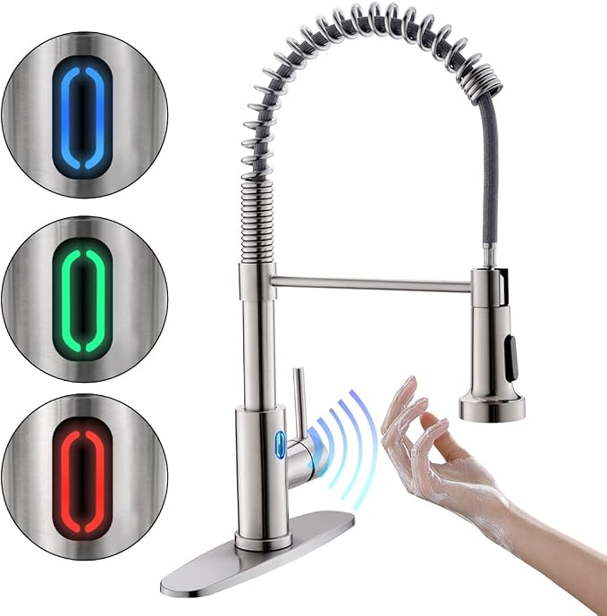 Touchless Kitchen Faucet with Pull Down Sprayer LED Light Single Handle Kitchen Sink Faucet Motion Sensor Smart Hands-Free, Stainless Steel Brushed Nickel 1080SN