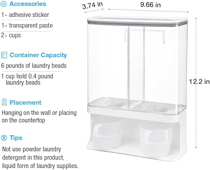 Laundry Detergent Dispenser, Wall Mounted Laundry Scent Boosters Beads Dispenser with 2 Cups, Suitable for Storing Rice, Beans, Stain Remover Powder, Laundry Beads Container (105 oz)