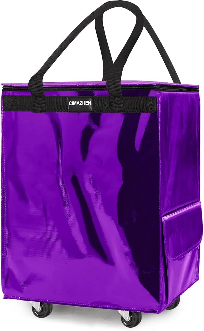 (Medium,Purple) Reusable Grocery Bag on 4 Wheels, 70L Foldable Rolling Tote Bag with 3 Handles and Zipper, Rolling Shopping Cart for Groceries, Storage, Laundry, Travel, Organizer, 76lb