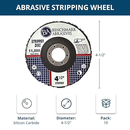 Benchmark Abrasives 4 1/2 Inch Stripping Disc with 7/8" Arbor Angle Grinder Disc Rust Remover for Metal Paint Stripper on Wood, Plastic - Metal Polishing Wheel - Silcone Carbide Strip Disc (10 Pack)