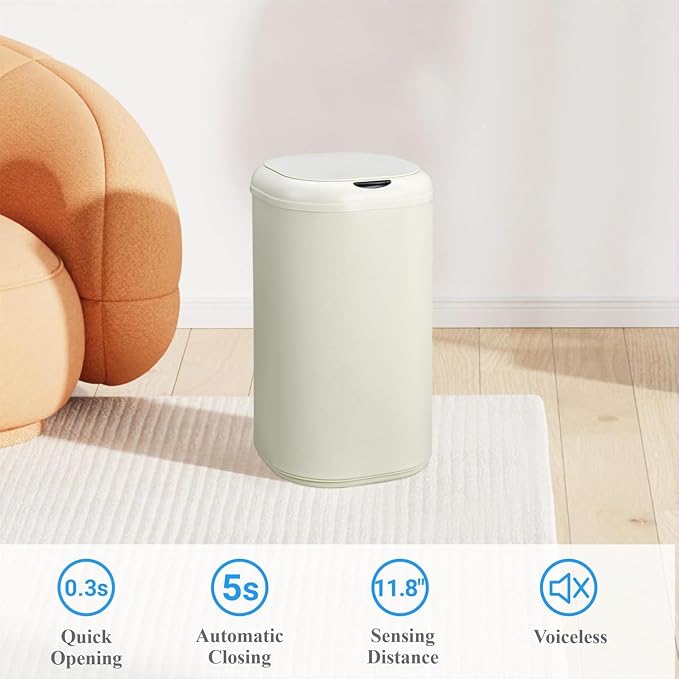 GAOMON 8 Gallon/30L Motion Sensor Trash Can, Touchless Automatic Stainless Steel Garbage Bin with Lid for Bathroom, Living Room, Home Office, Beige