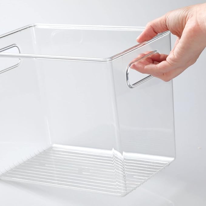 mDesign Plastic Deep Kitchen and Pantry Organizer Storage Bin with Handles for Cabinet, Fridge, Freezer - Food Storage Containers for Snacks, Yogurt Pouches or Fruit, Ligne Collection, 4 Pack, Clear